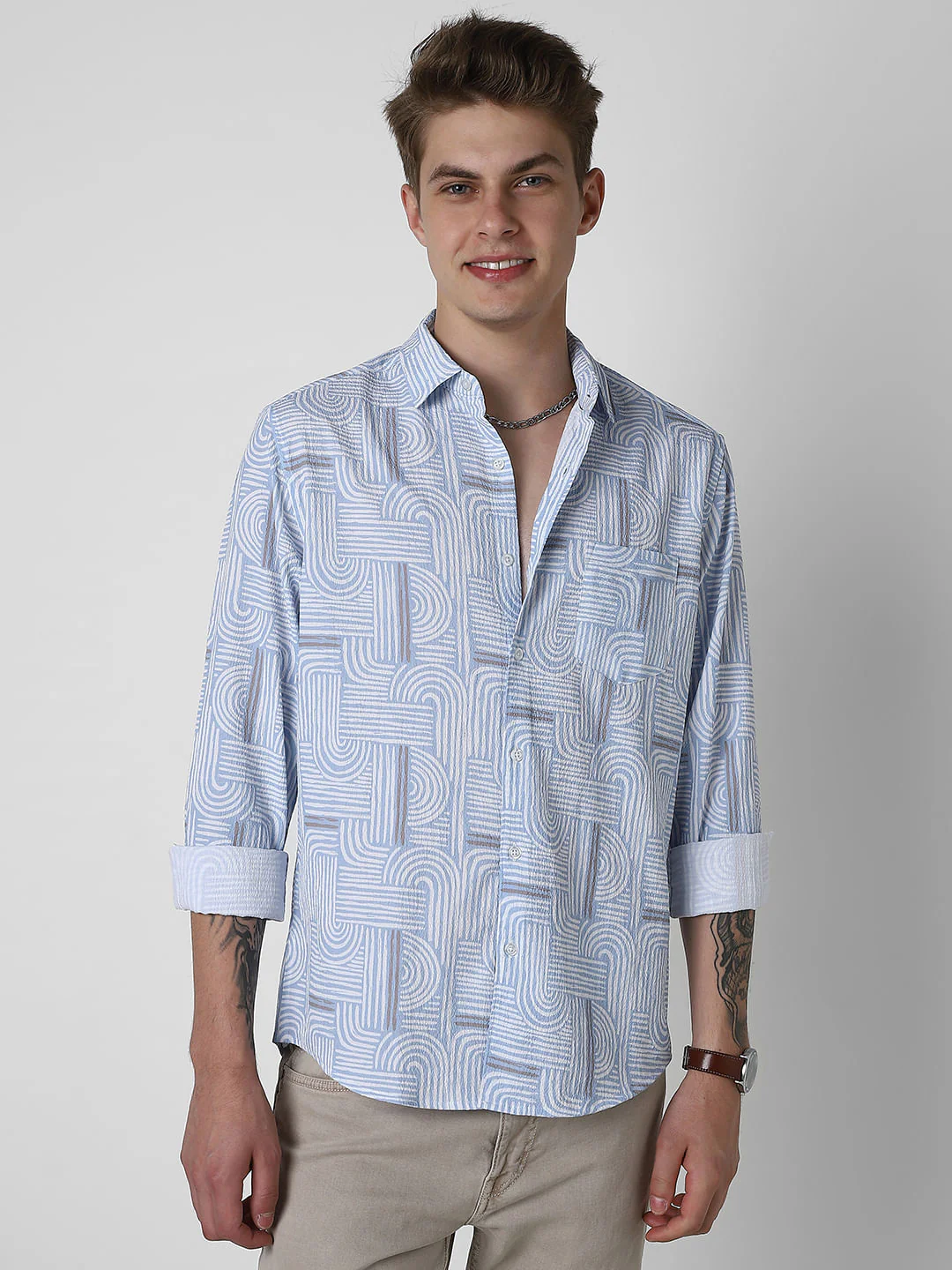 Columbia Blue Creased Monochrome Printed Shirt - Image 5