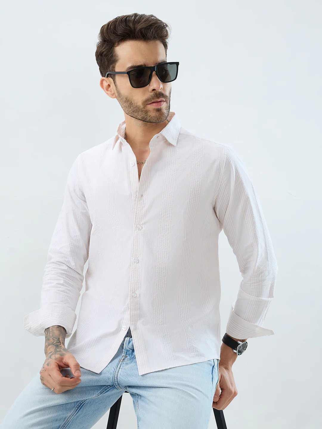 Contemporary Beige Fine Line Seersucker Executive Shirt - Image 2