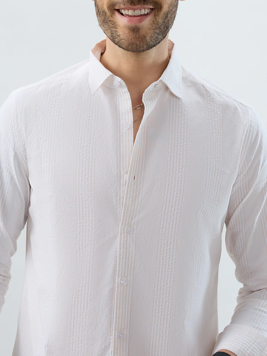 Contemporary Beige Fine Line Seersucker Executive Shirt - Image 3