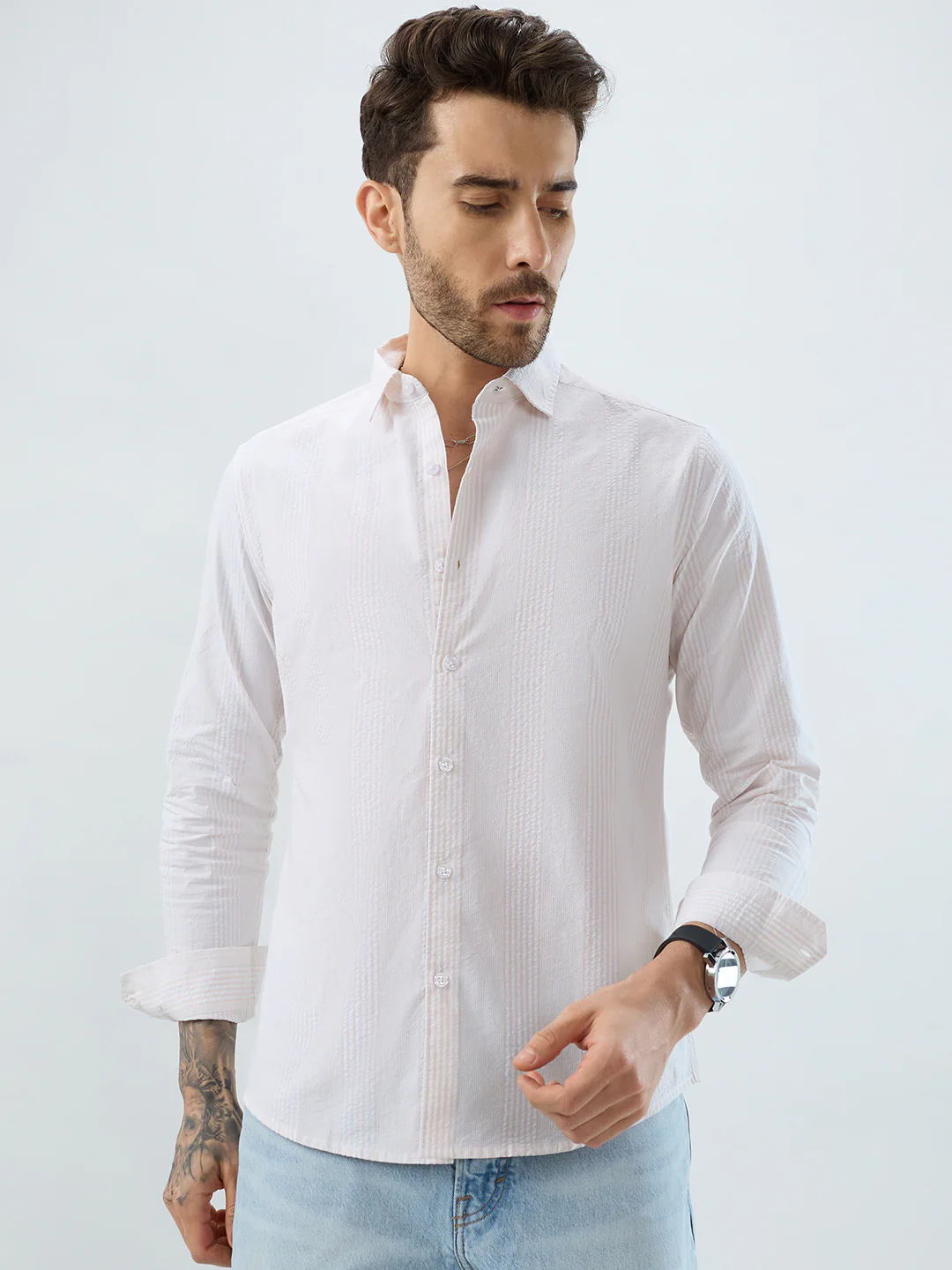 Contemporary Beige Fine Line Seersucker Executive Shirt - Image 4
