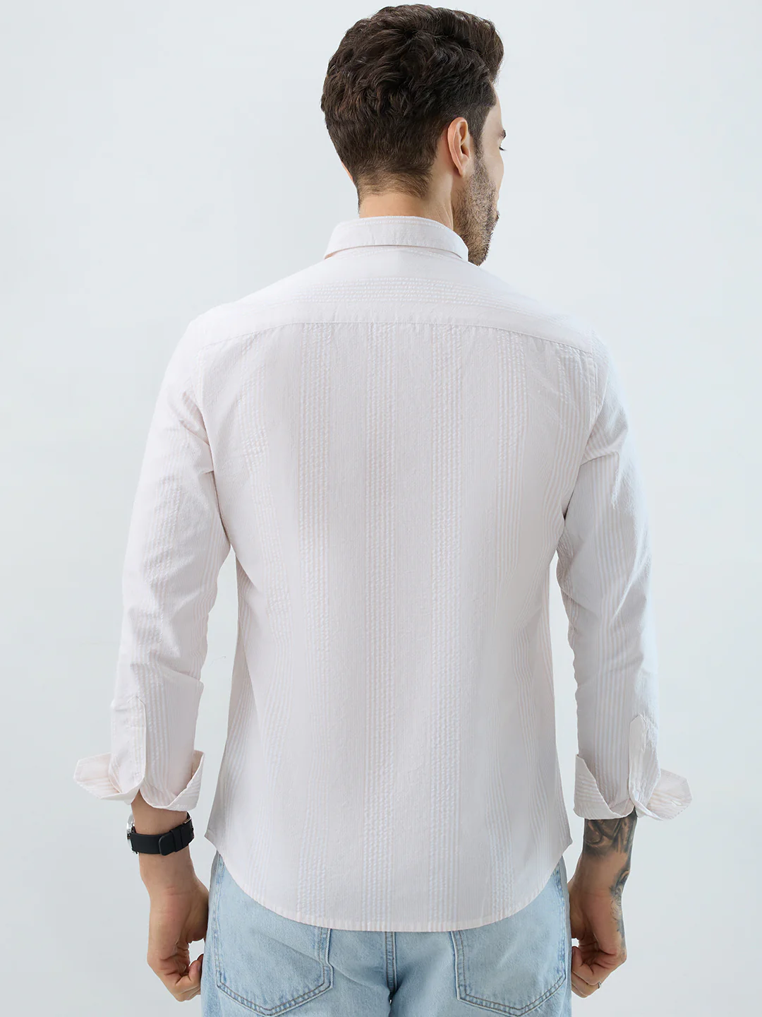 Contemporary Beige Fine Line Seersucker Executive Shirt - Image 6