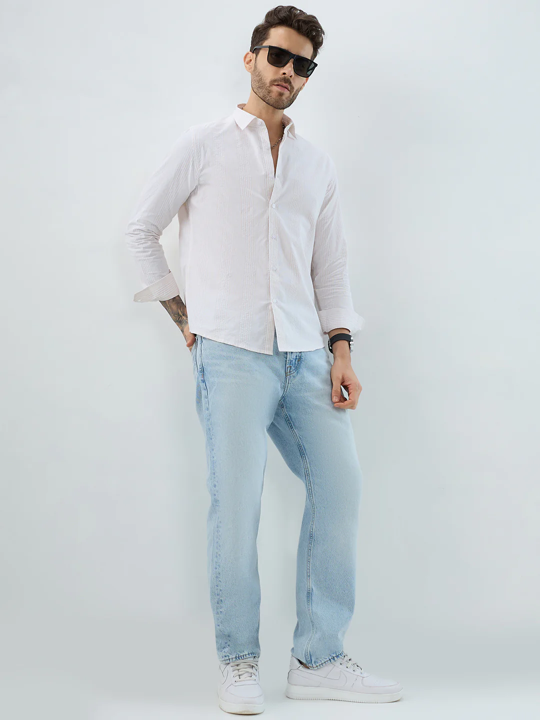 Contemporary Beige Fine Line Seersucker Executive Shirt - Image 7