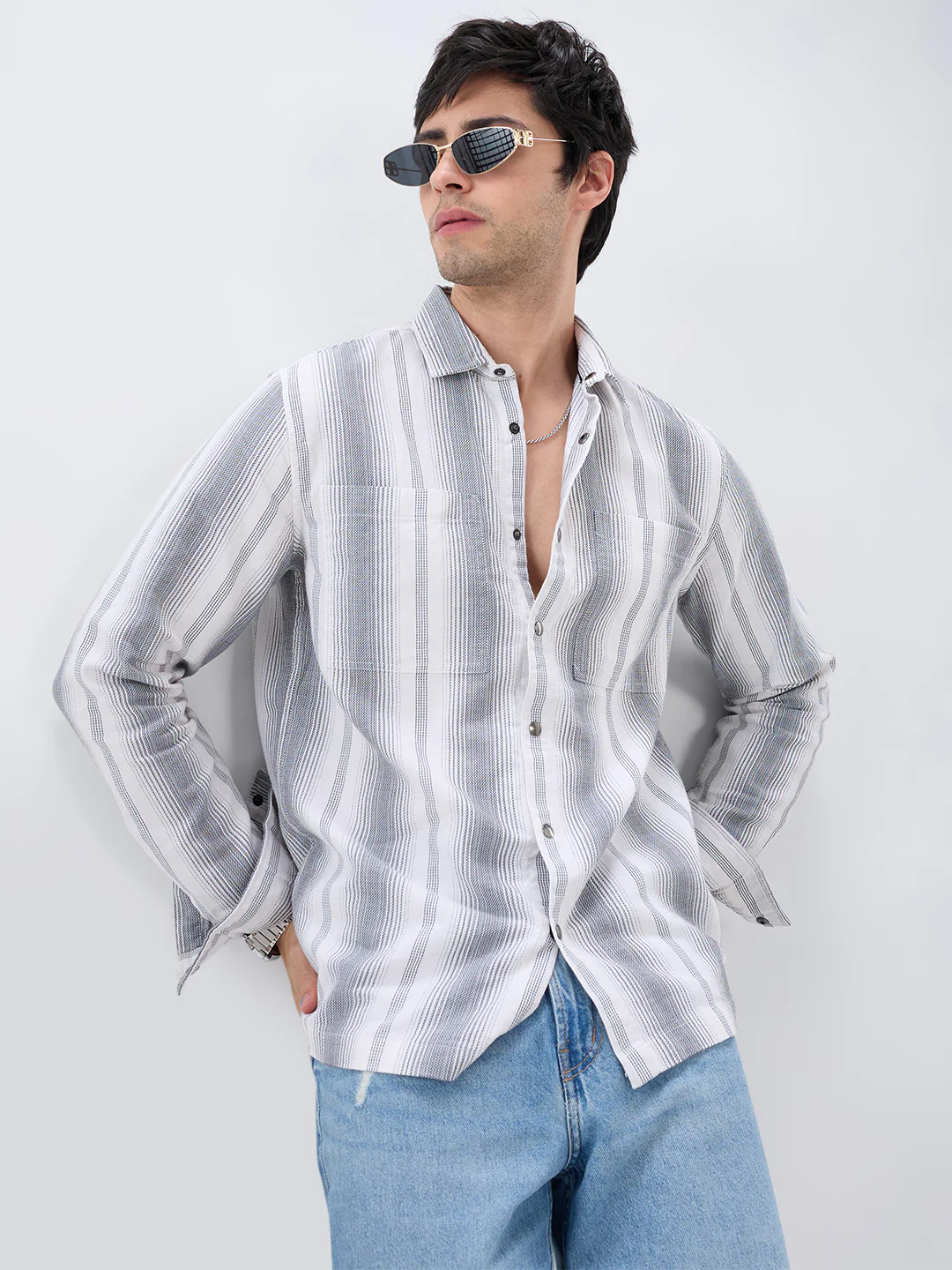 Contrast Echo Grey Stripscape Double Pocket Overshirt - Image 4