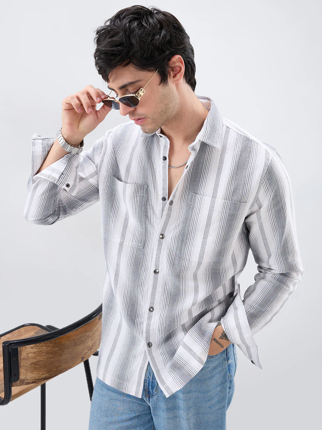 Contrast Echo Grey Stripscape Double Pocket Overshirt - Image 5