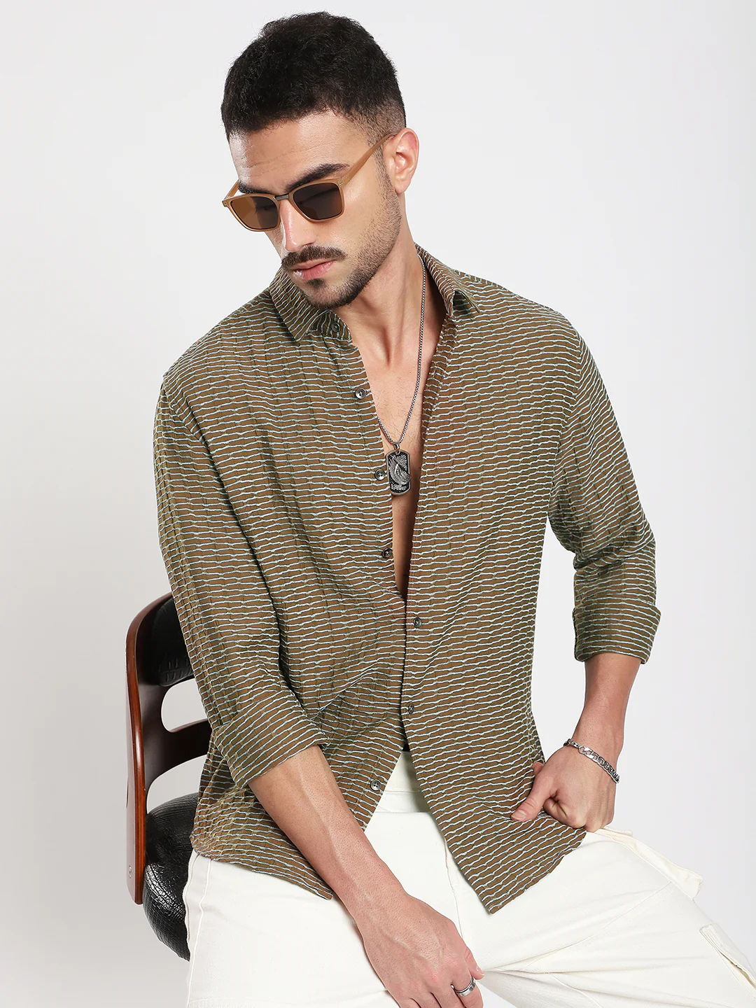 Contrast Wave Olive Horizontal Textured Shirt - Image 2