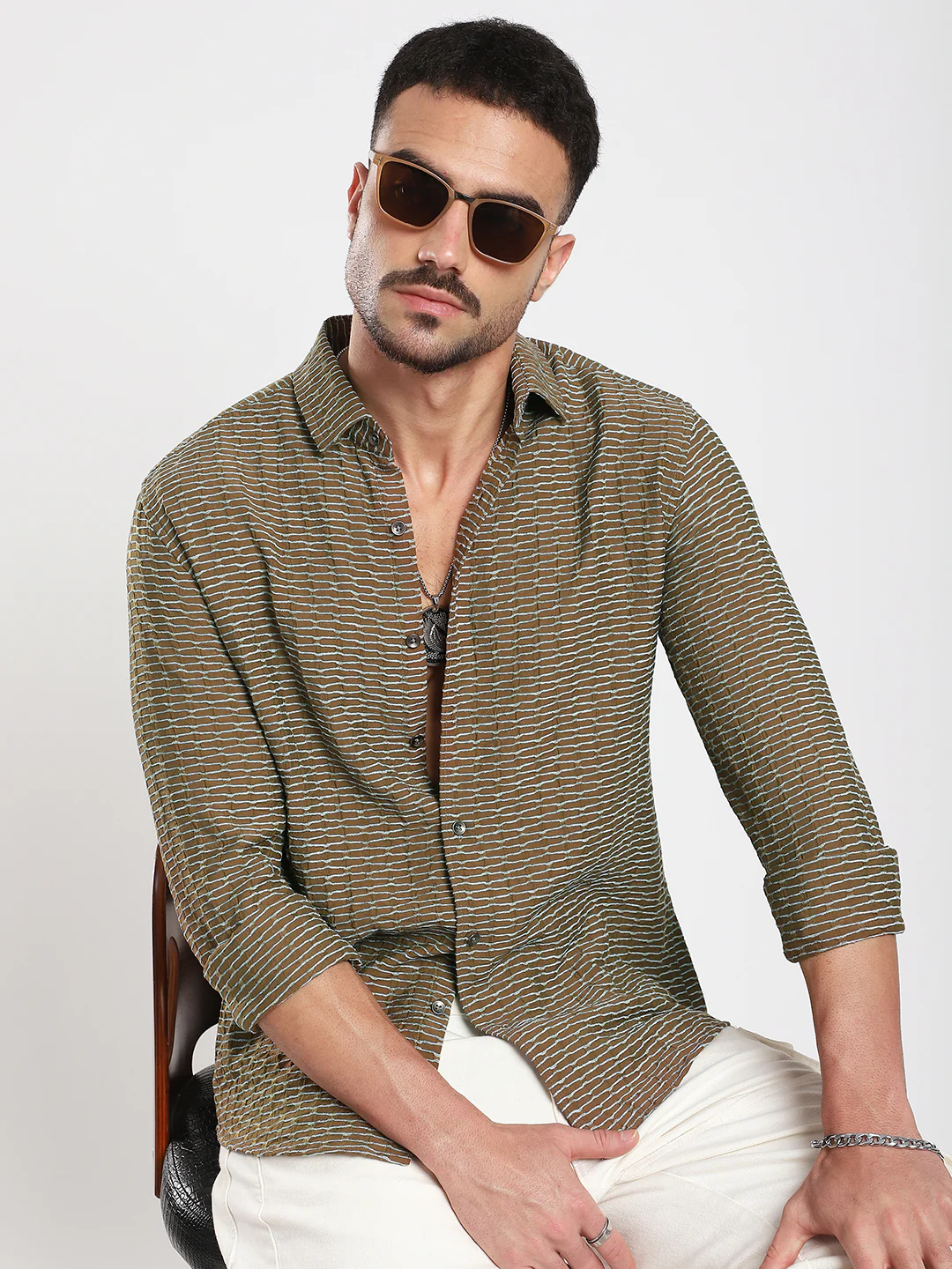 Contrast Wave Olive Horizontal Textured Shirt - Image 4