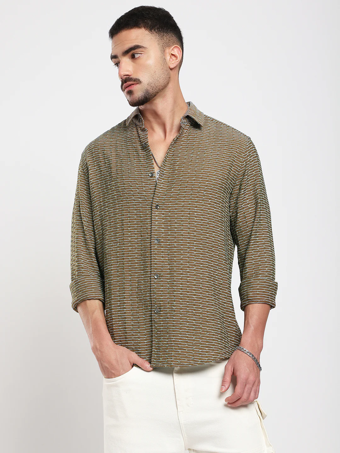 Contrast Wave Olive Horizontal Textured Shirt - Image 5