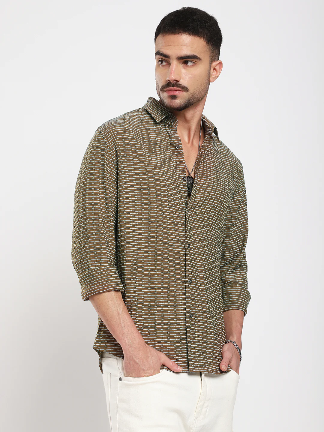 Contrast Wave Olive Horizontal Textured Shirt - Image 6