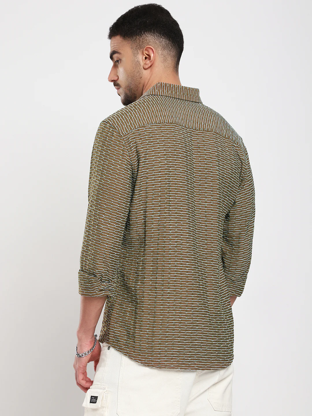 Contrast Wave Olive Horizontal Textured Shirt - Image 7