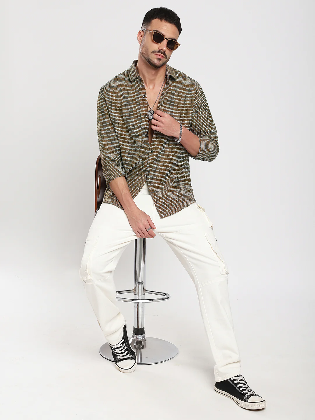 Contrast Wave Olive Horizontal Textured Shirt - Image 8