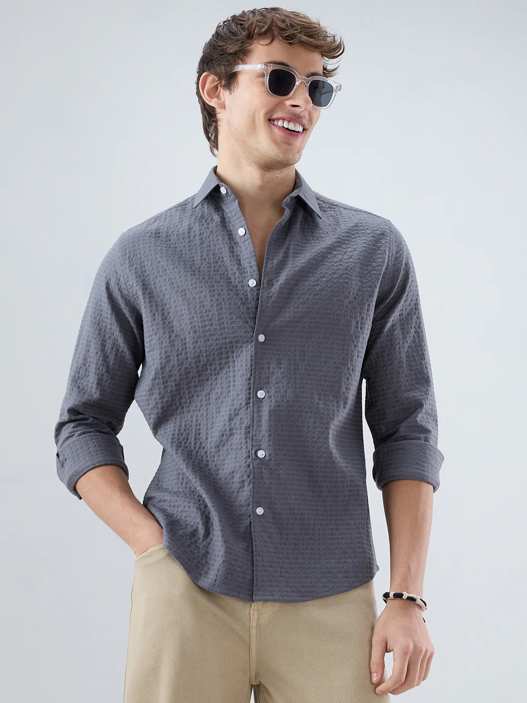 Cool Ash Grey Doublecloth Textured Shirt - Image 4