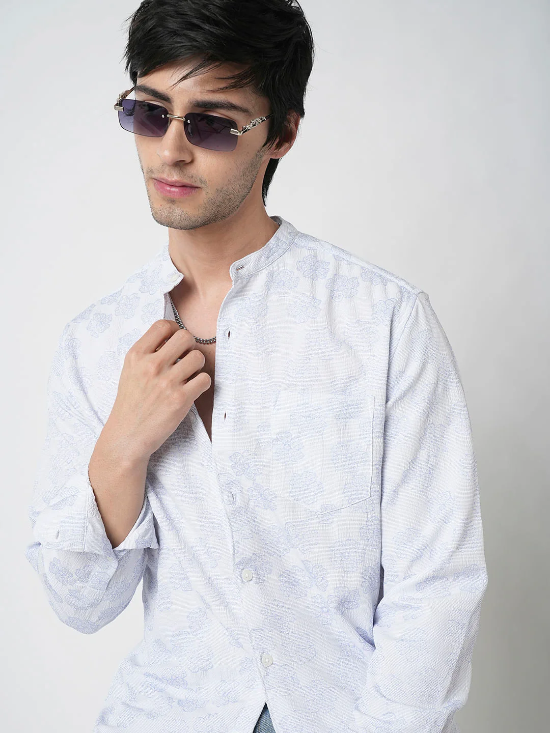 Cool Blue Floral Intricate Jacquard Creased Shirt - Image 2