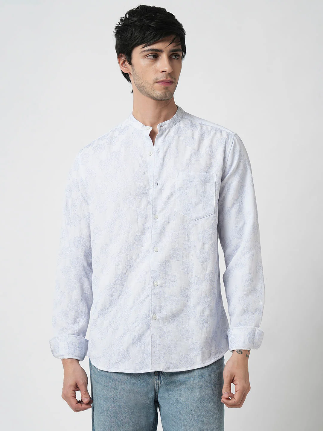 Cool Blue Floral Intricate Jacquard Creased Shirt - Image 4