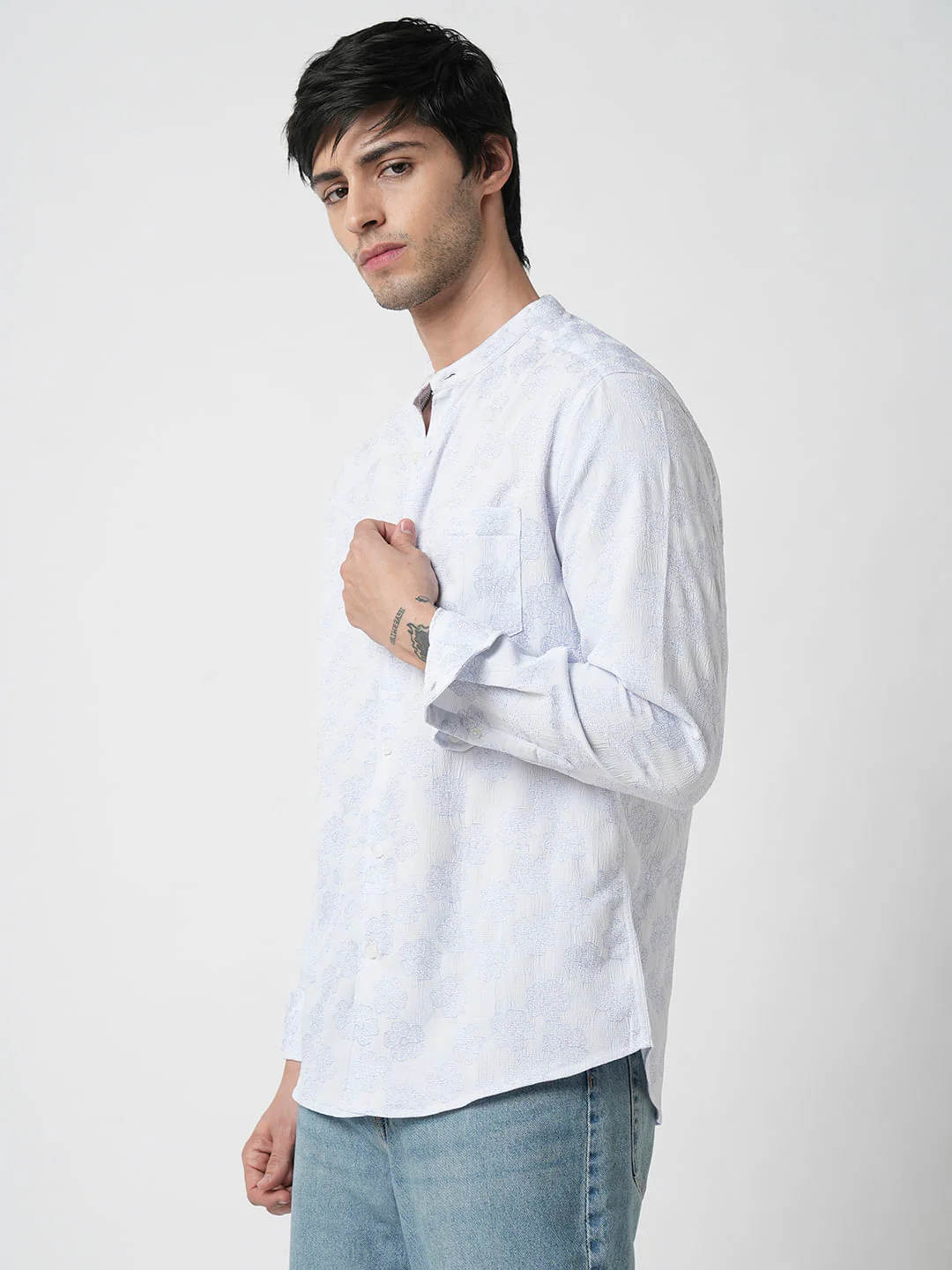 Cool Blue Floral Intricate Jacquard Creased Shirt - Image 5