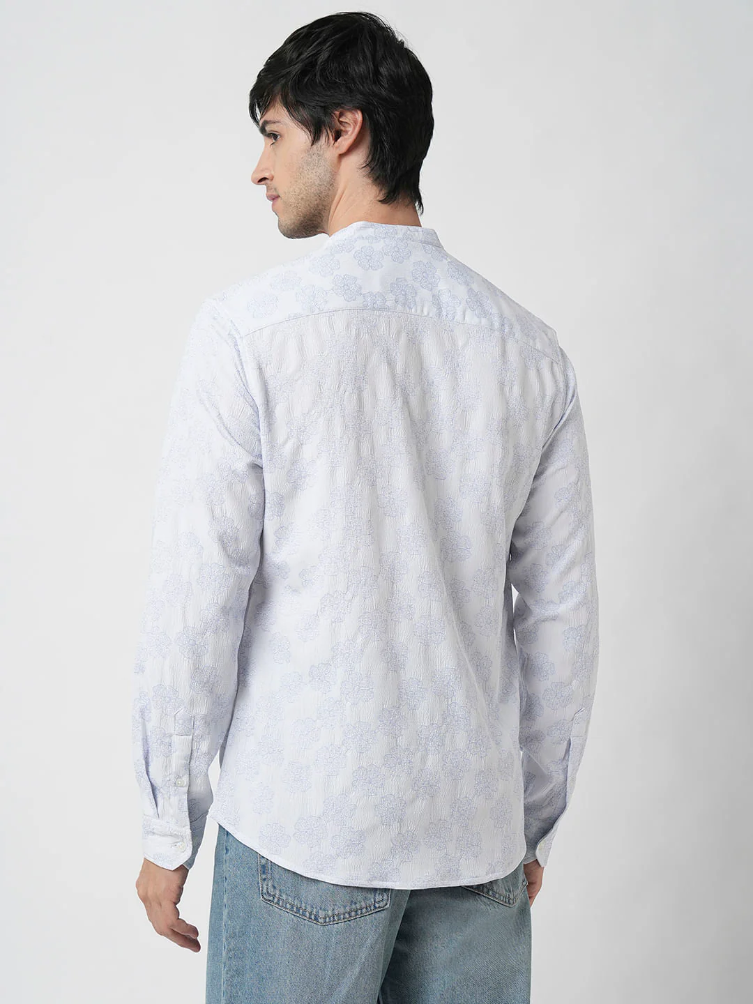 Cool Blue Floral Intricate Jacquard Creased Shirt - Image 6