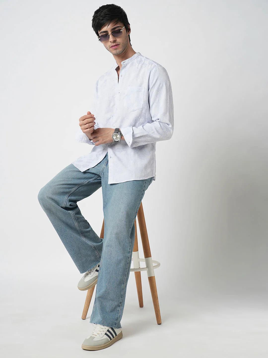 Cool Blue Floral Intricate Jacquard Creased Shirt - Image 7
