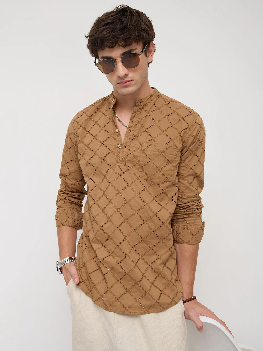 Copper Brown Diamond Schiffli Kurta - Image 6