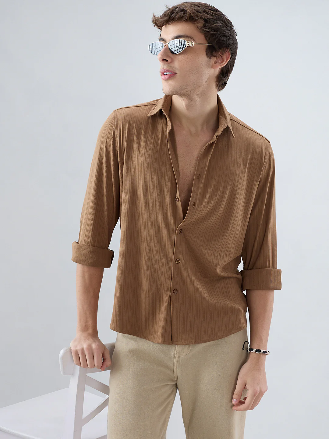 Copper Brown Fine Vertical Ribbed Knitted Shirt