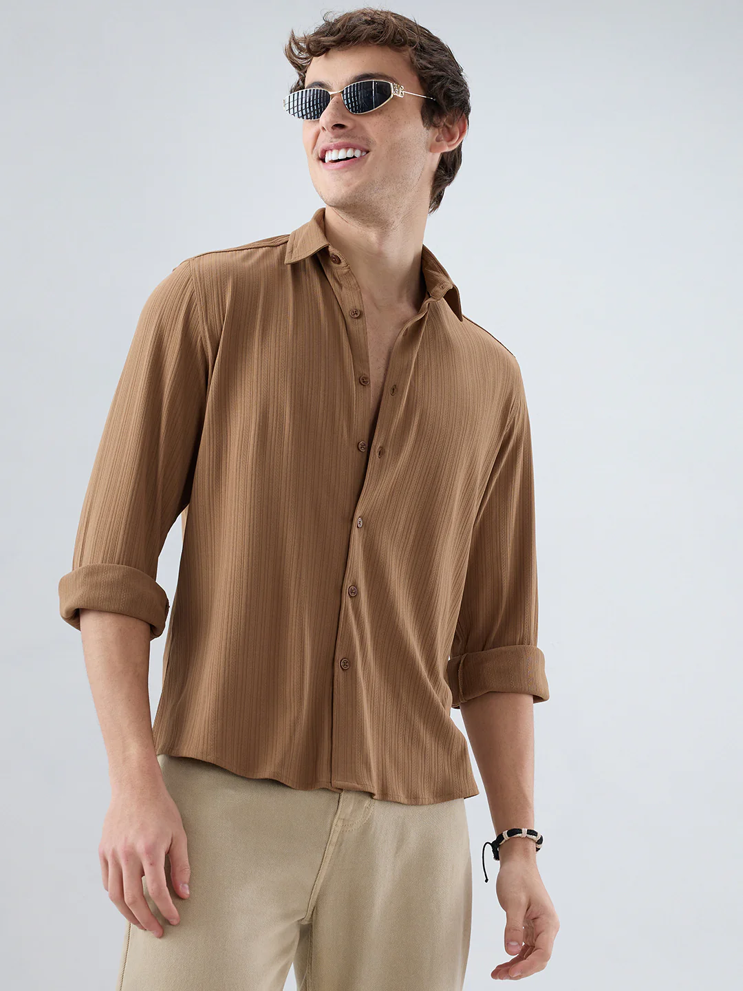 Copper Brown Fine Vertical Ribbed Knitted Shirt - Image 2
