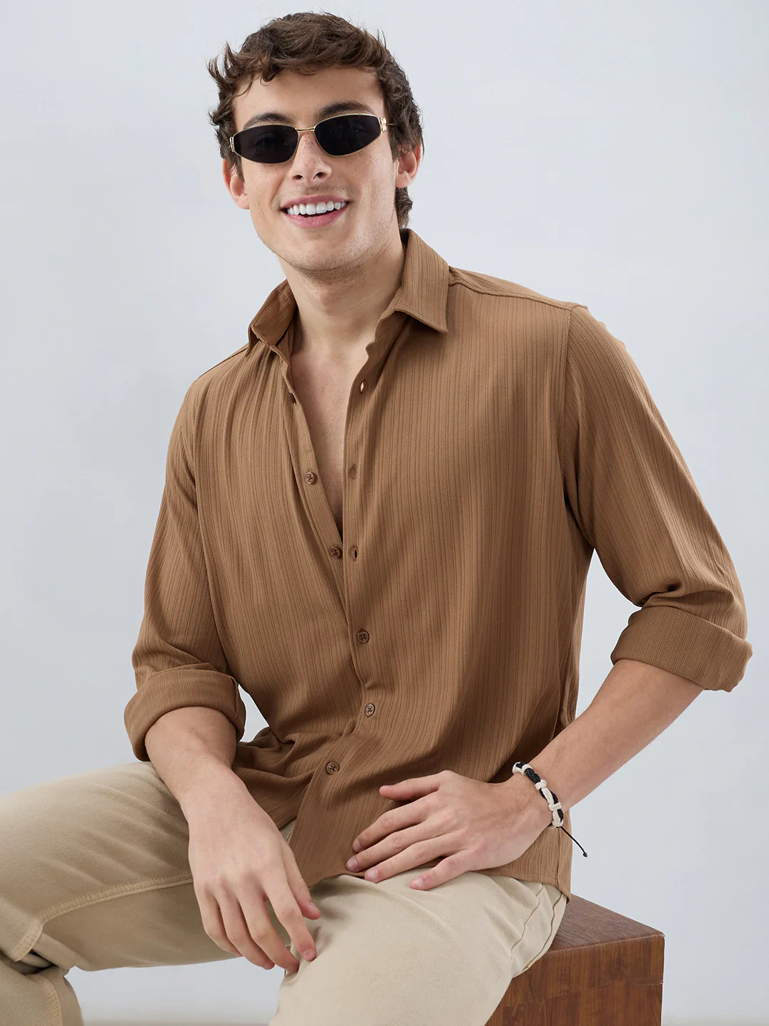 Copper Brown Fine Vertical Ribbed Knitted Shirt - Image 4