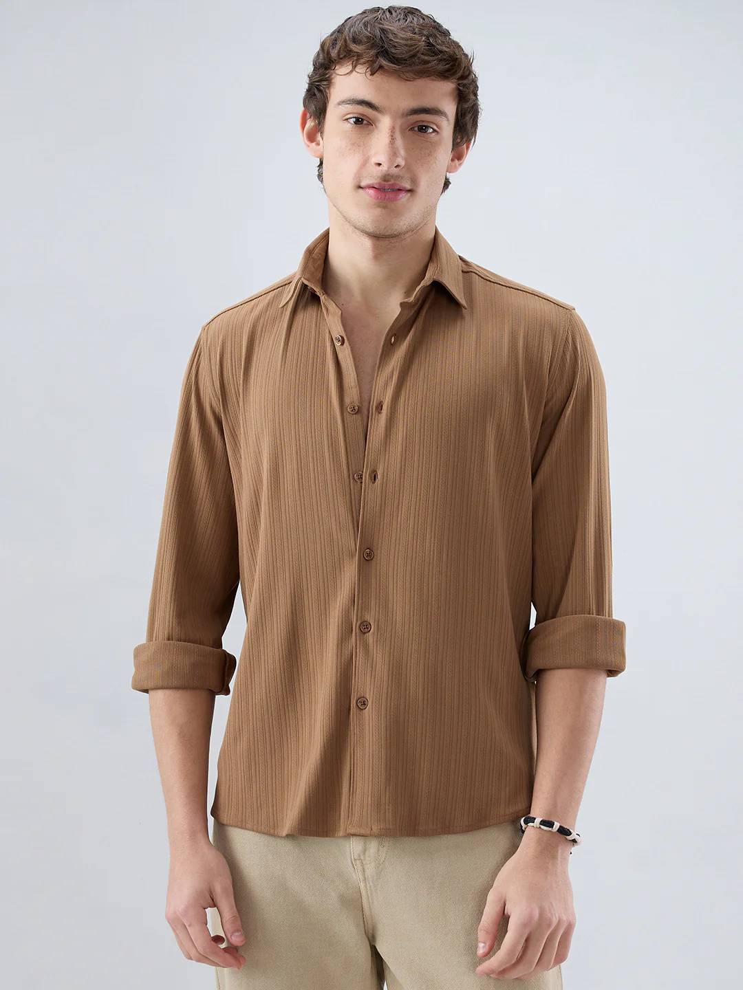 Copper Brown Fine Vertical Ribbed Knitted Shirt - Image 5