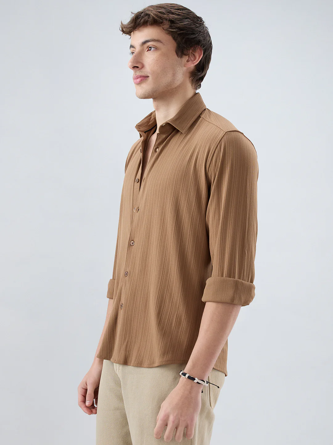 Copper Brown Fine Vertical Ribbed Knitted Shirt - Image 6