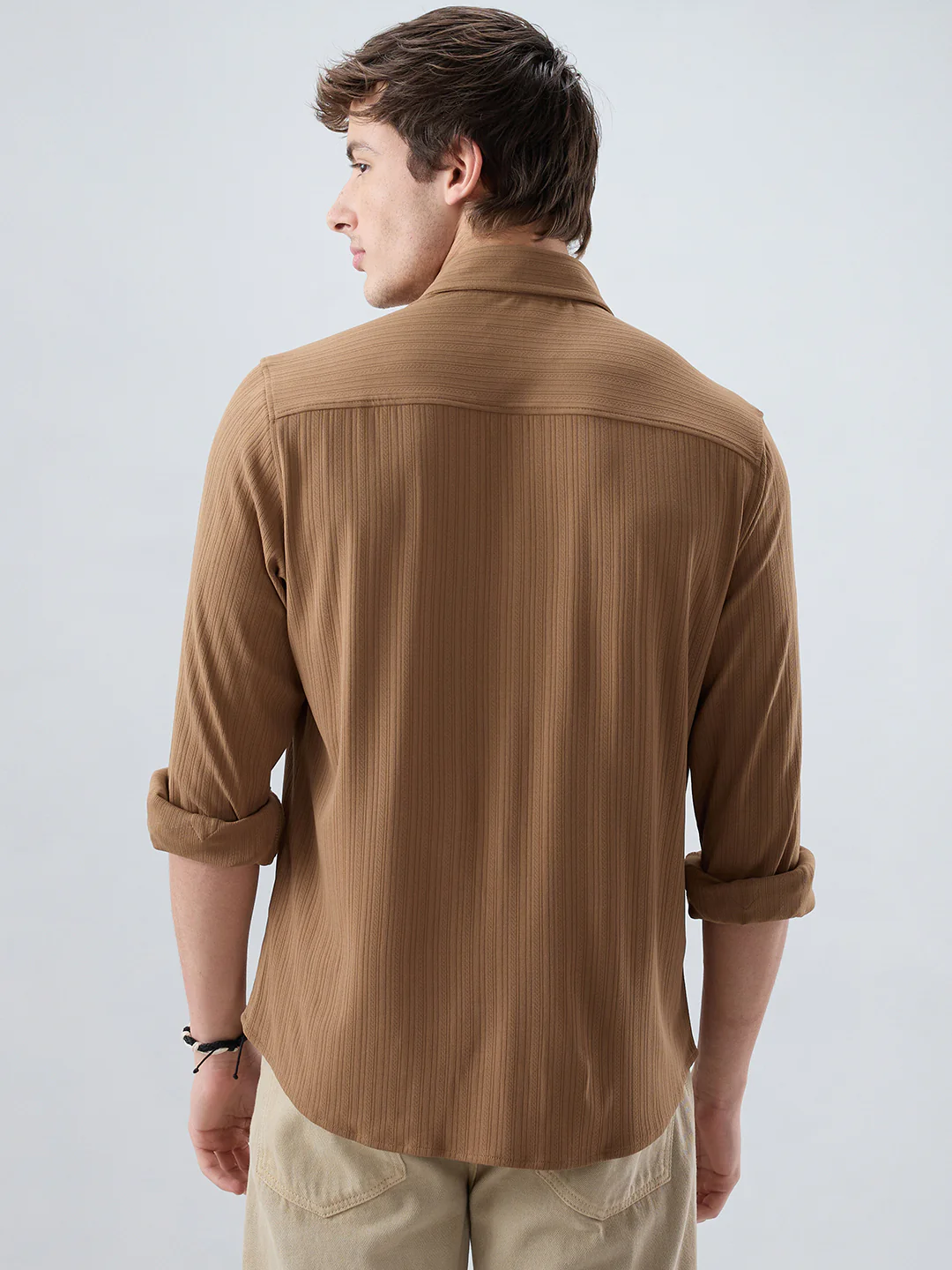 Copper Brown Fine Vertical Ribbed Knitted Shirt - Image 7