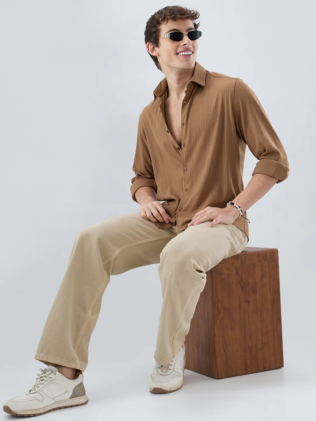 Copper Brown Fine Vertical Ribbed Knitted Shirt - Image 8
