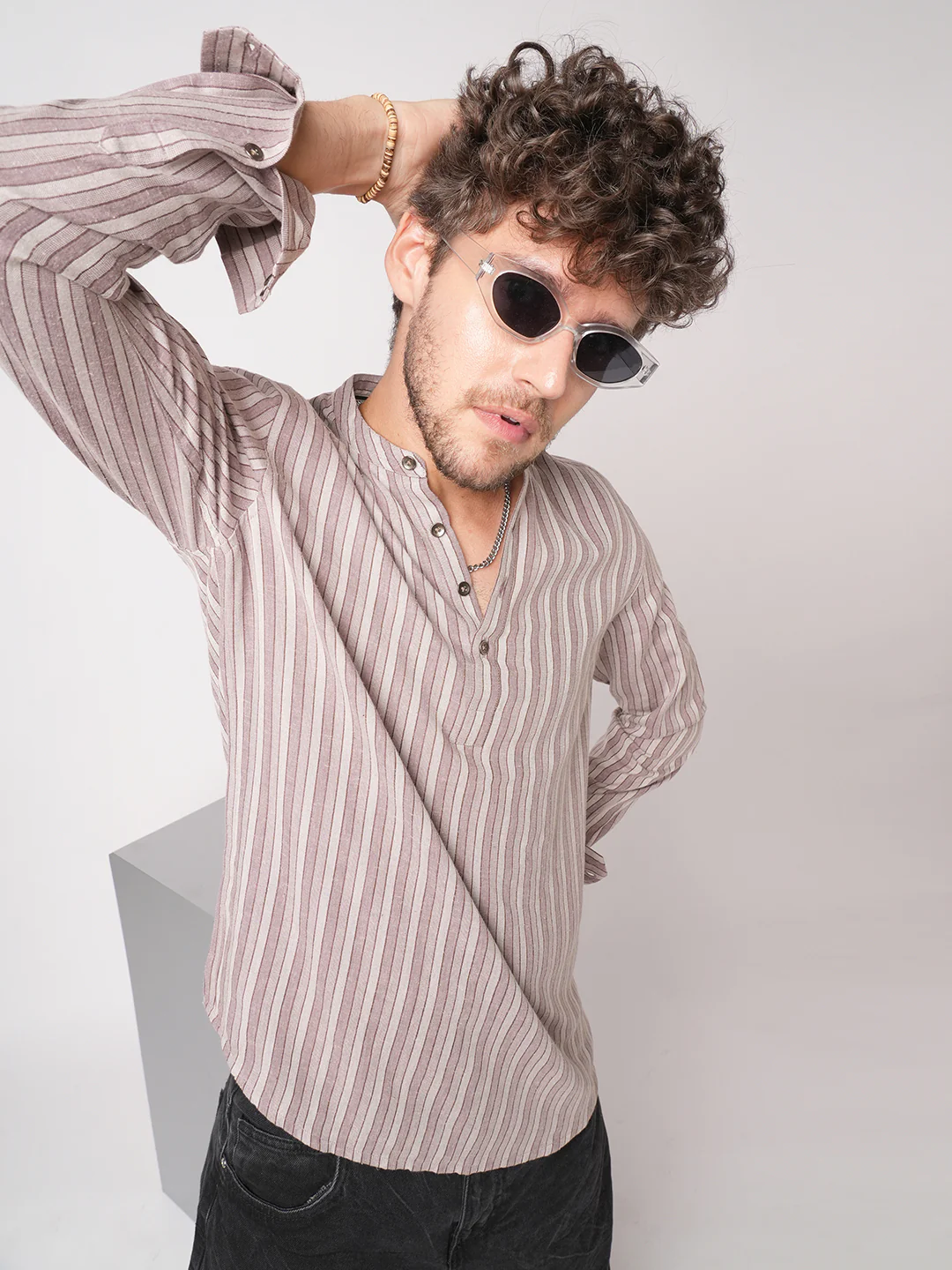Cordovan Maroon Awning Stripe Kurta - Image 2