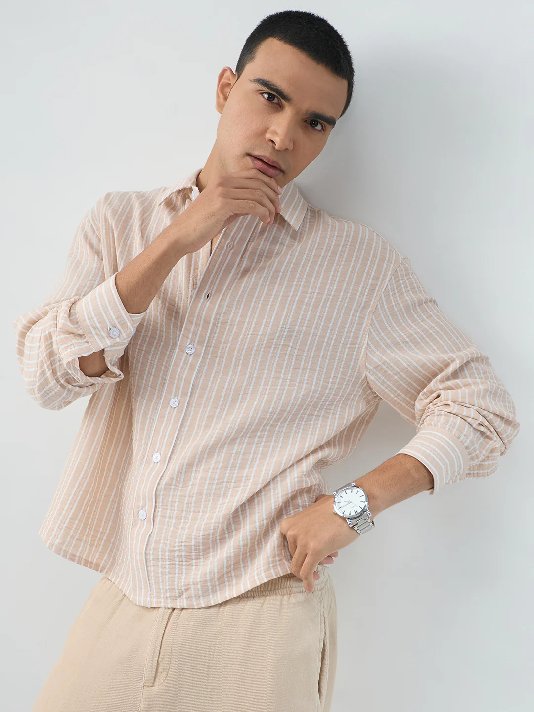 Crayola Peach Vertical Striped Crinkled Boxy Fit Crop Shirt - Image 2