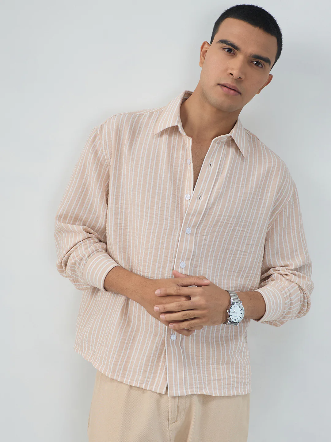 Crayola Peach Vertical Striped Crinkled Boxy Fit Crop Shirt - Image 4