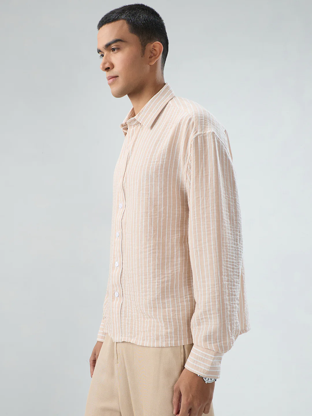 Crayola Peach Vertical Striped Crinkled Boxy Fit Crop Shirt - Image 5
