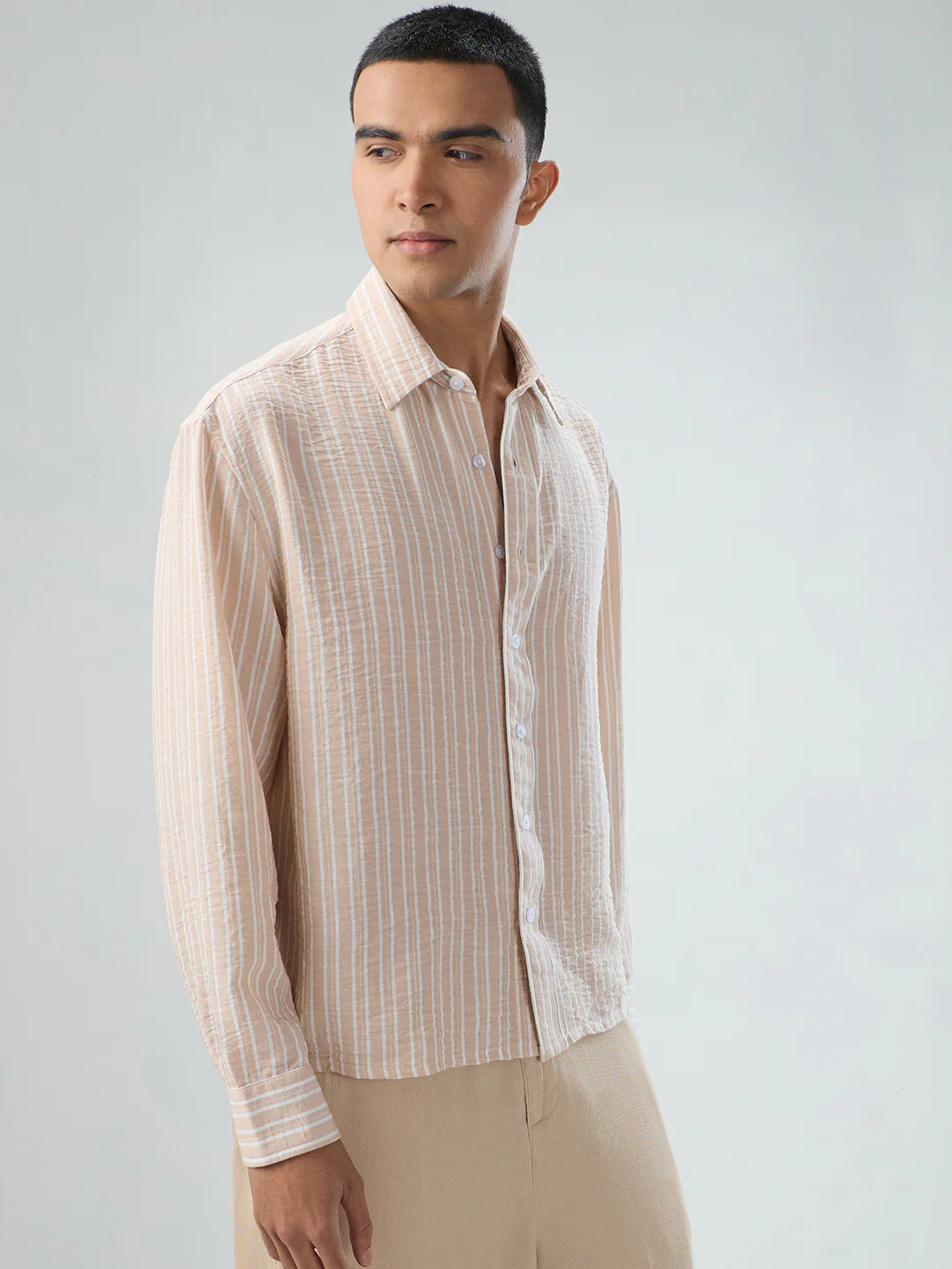 Crayola Peach Vertical Striped Crinkled Boxy Fit Crop Shirt - Image 6