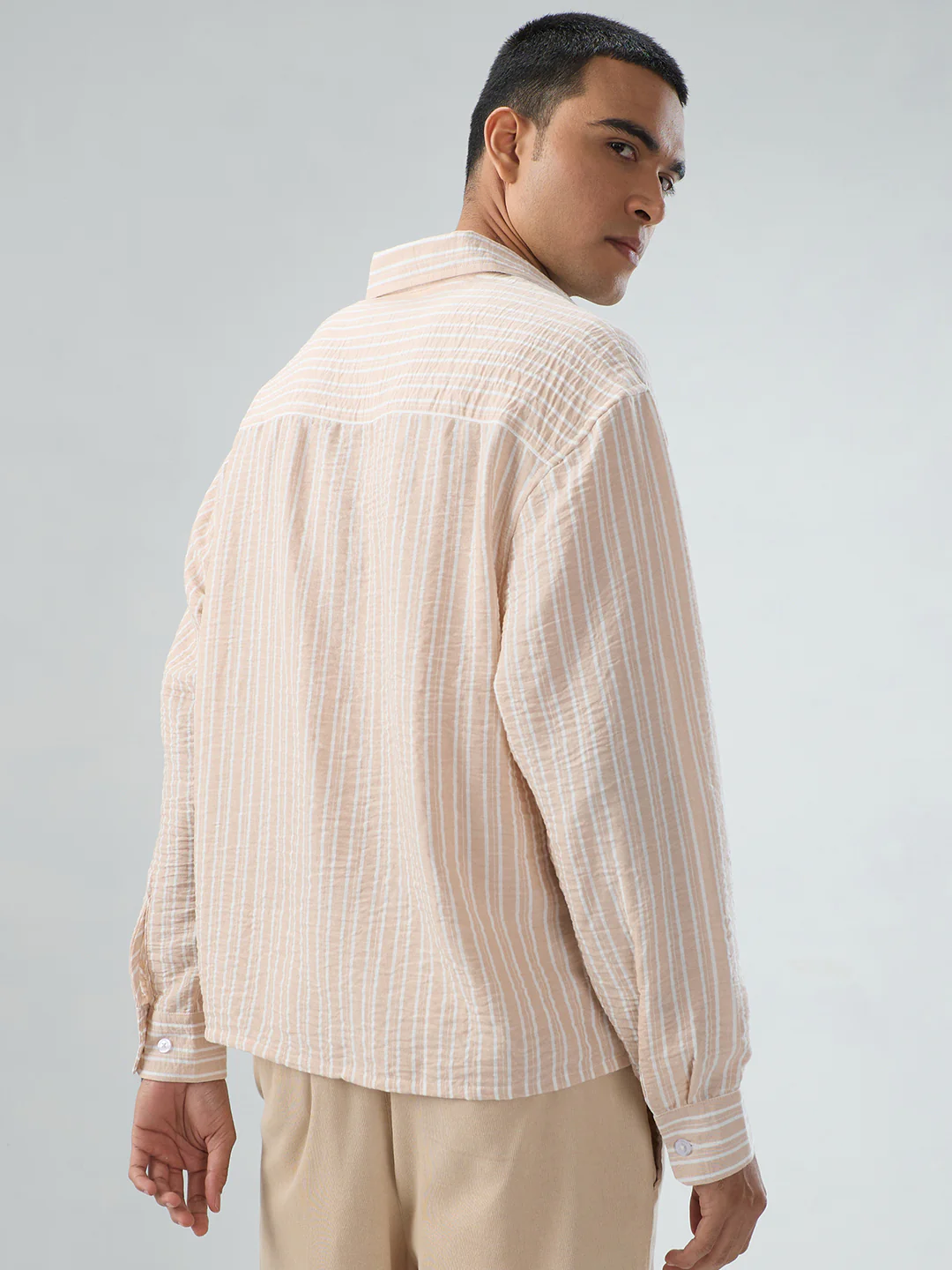 Crayola Peach Vertical Striped Crinkled Boxy Fit Crop Shirt - Image 7