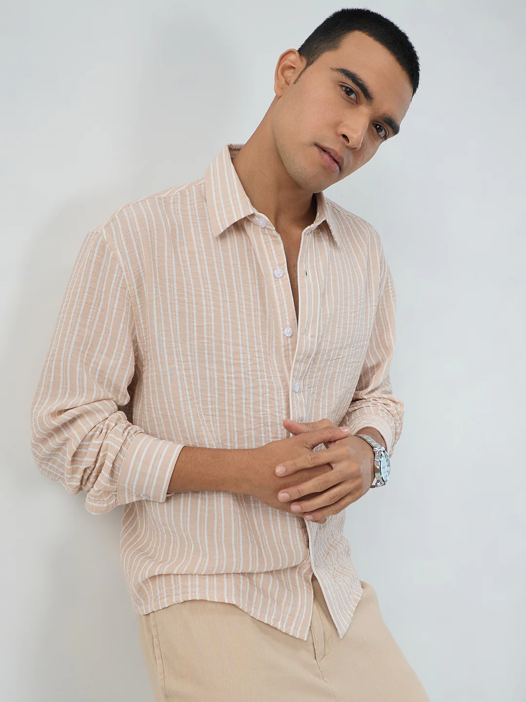 Crayola Peach Vertical Striped Crinkled Boxy Fit Crop Shirt - Image 8