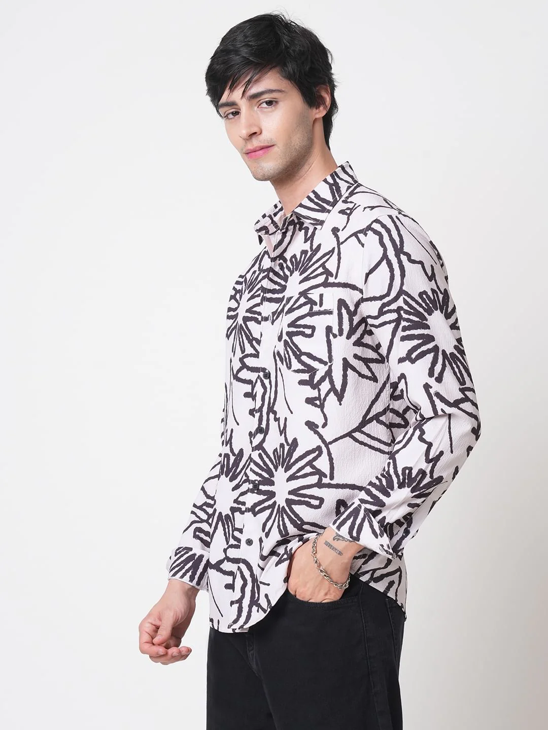 Cream & Black Abstract Printed Creased Shirt - Image 6