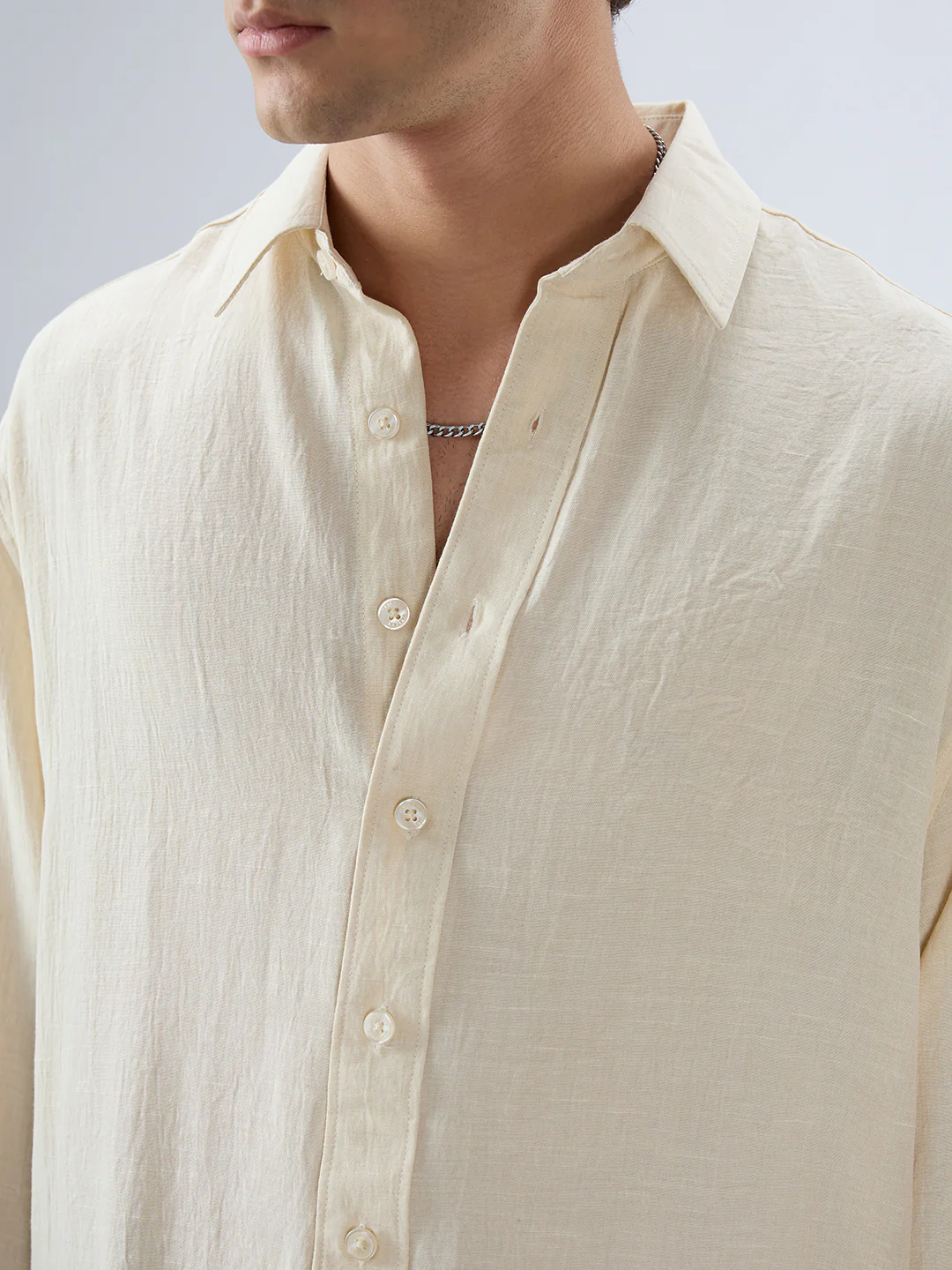 Cream Breeze Minimal Textured Boxy Fit Crop Shirt - Image 3