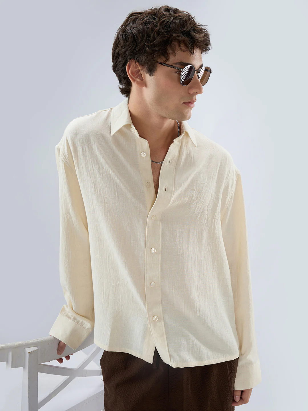 Cream Breeze Minimal Textured Boxy Fit Crop Shirt - Image 4