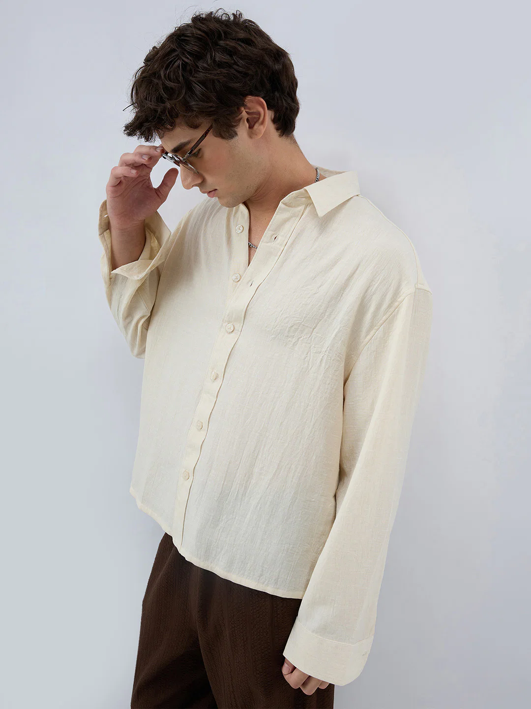 Cream Breeze Minimal Textured Boxy Fit Crop Shirt - Image 5