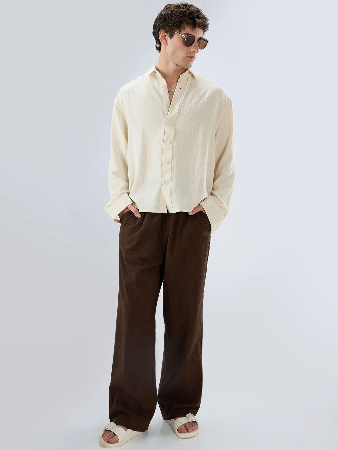 Cream Breeze Minimal Textured Boxy Fit Crop Shirt - Image 7