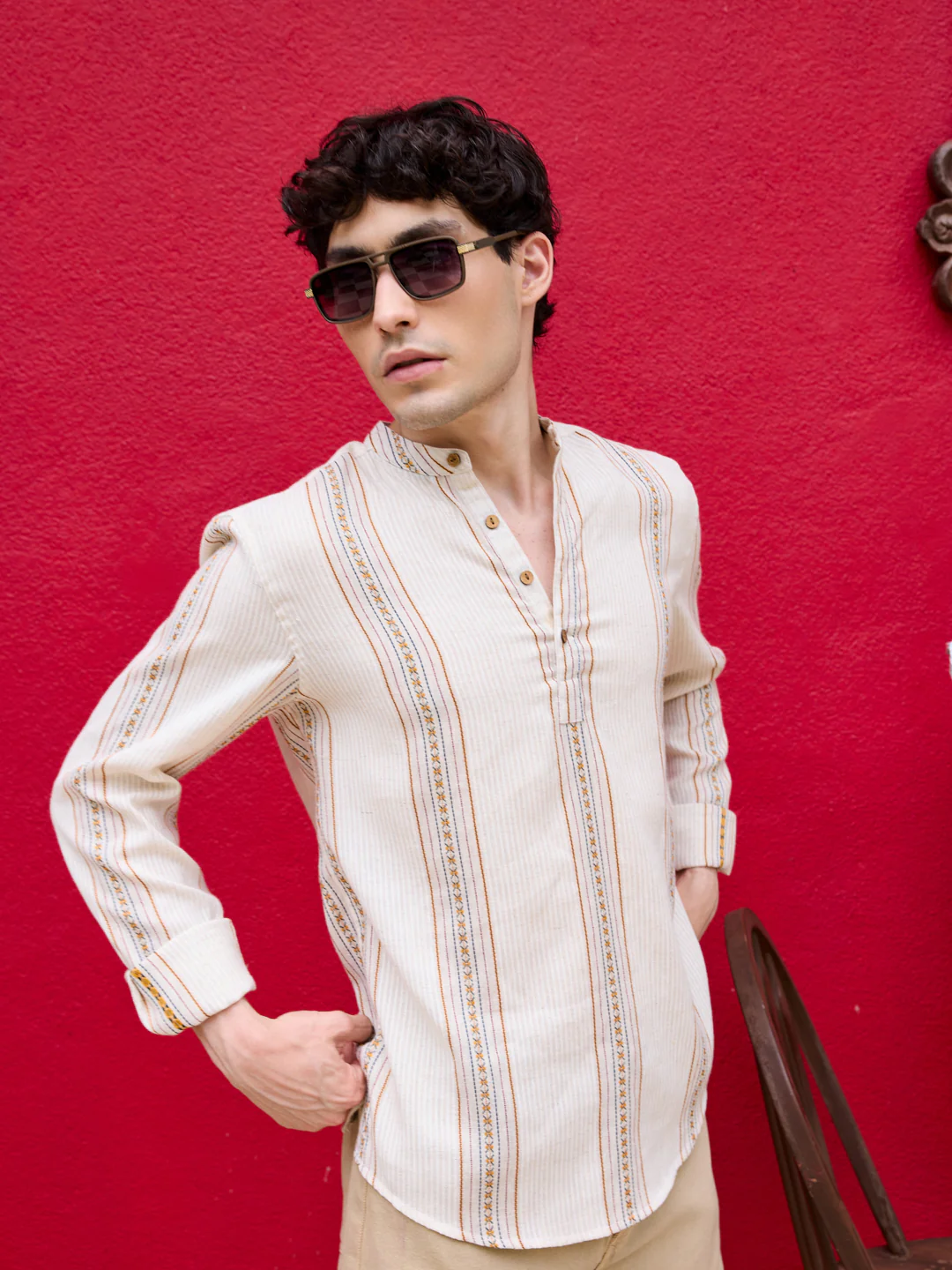 Cream Embroidered Striped Linen Blend Kurta - Image 2