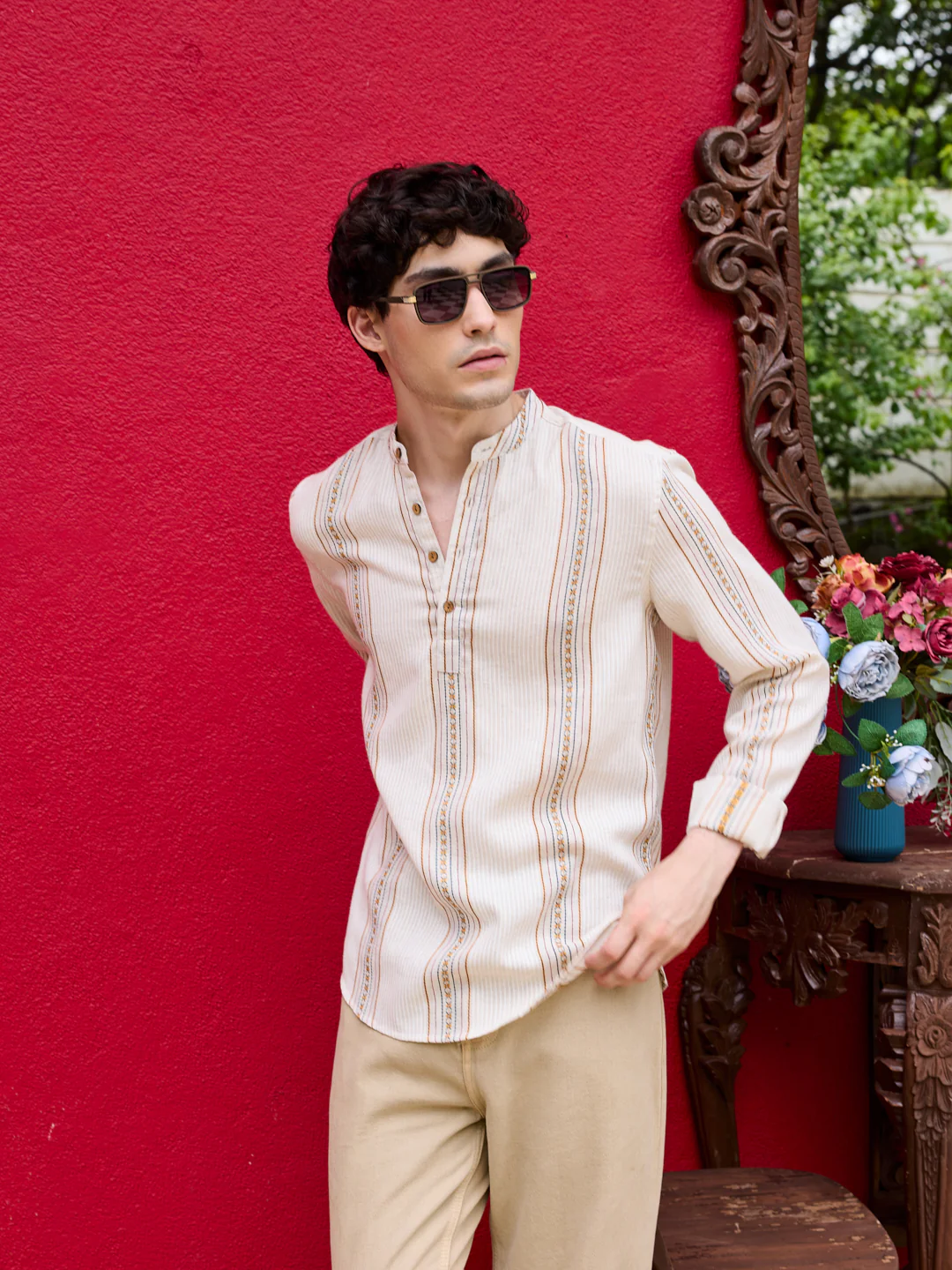 Cream Embroidered Striped Linen Blend Kurta - Image 4