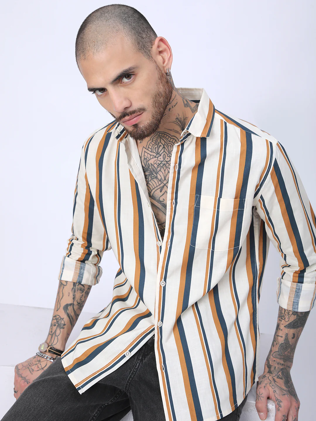 Cream & Teal Awning Stripes Shirt - Image 4