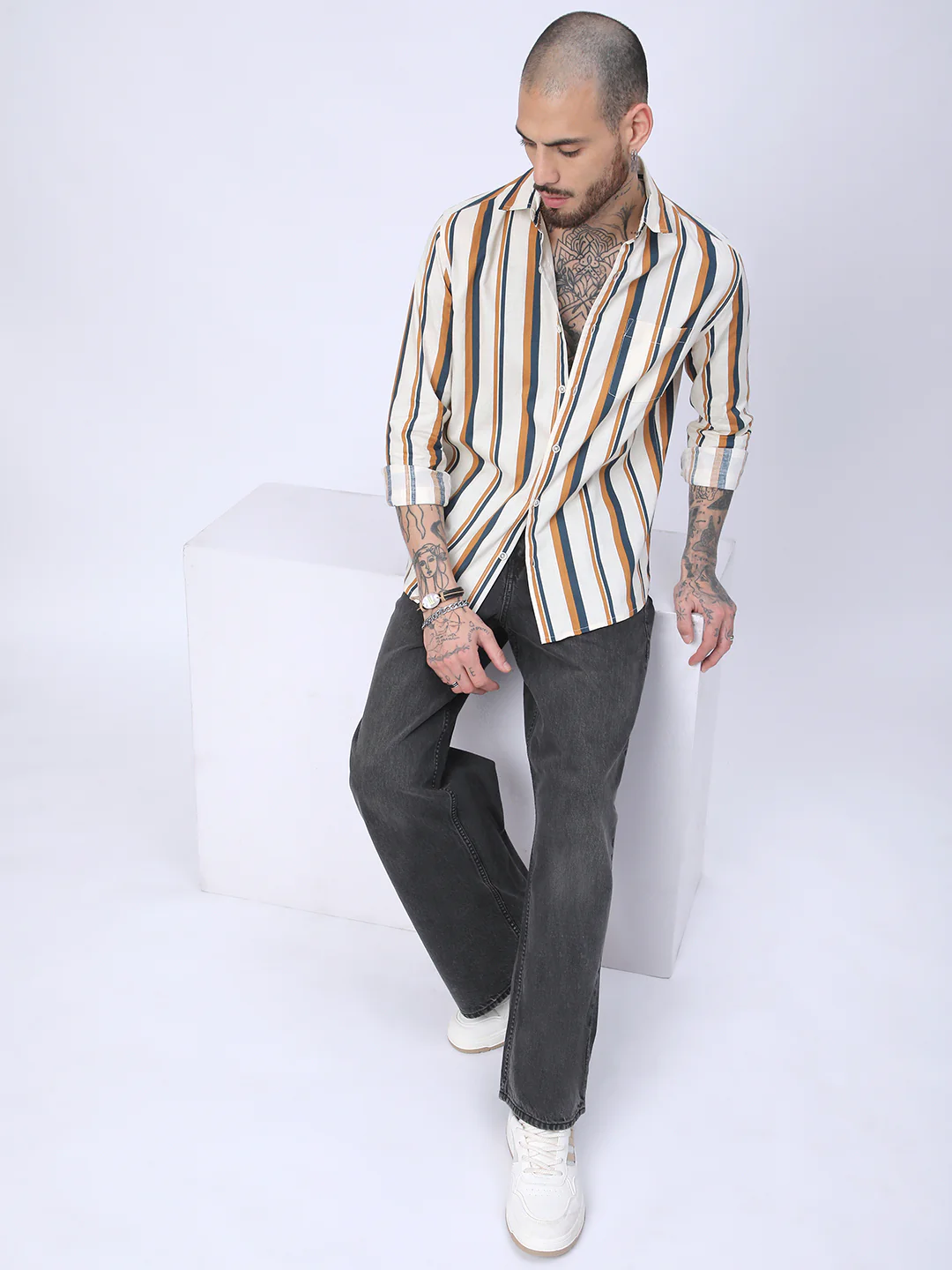 Cream & Teal Awning Stripes Shirt - Image 8
