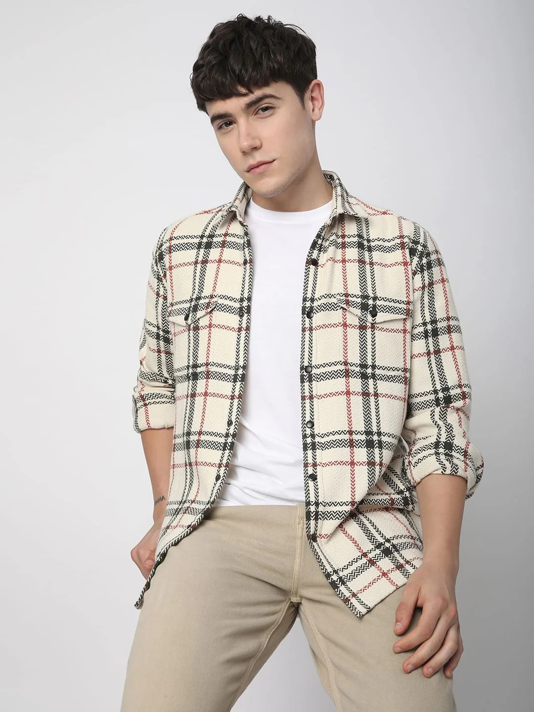 Cream Tweed Checks Double Flap Pocket Shirt - Image 4