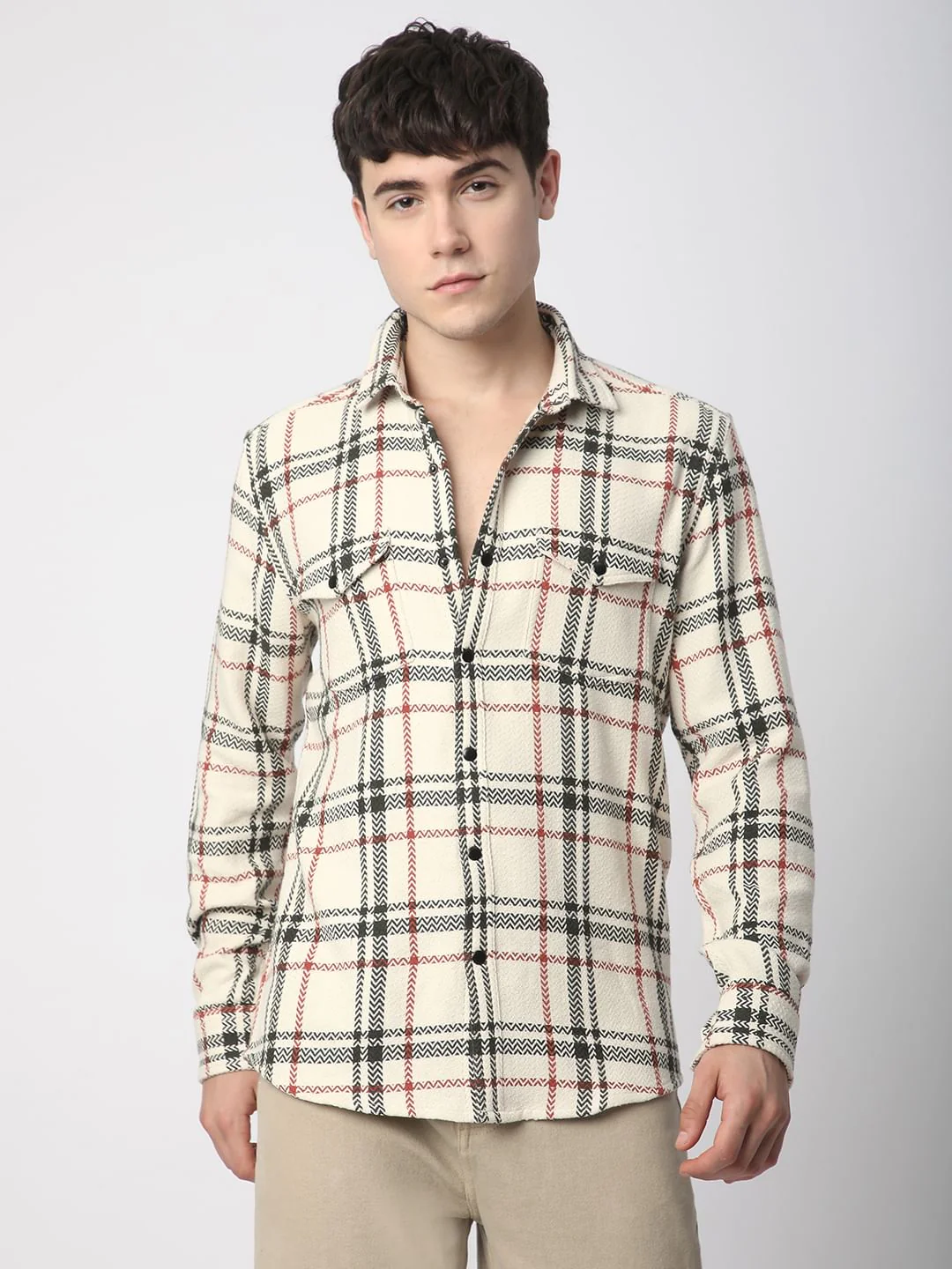 Cream Tweed Checks Double Flap Pocket Shirt - Image 5