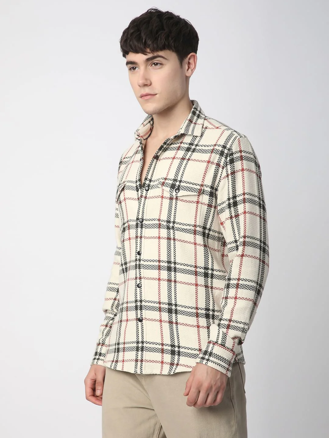Cream Tweed Checks Double Flap Pocket Shirt - Image 6