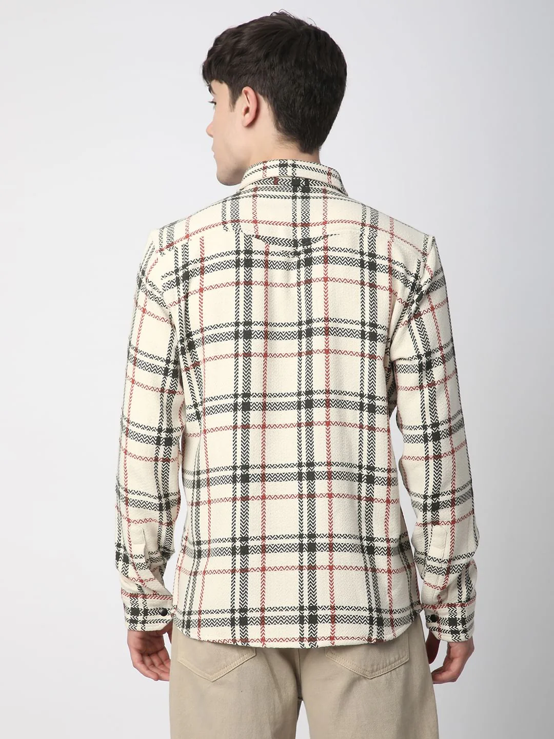 Cream Tweed Checks Double Flap Pocket Shirt - Image 7