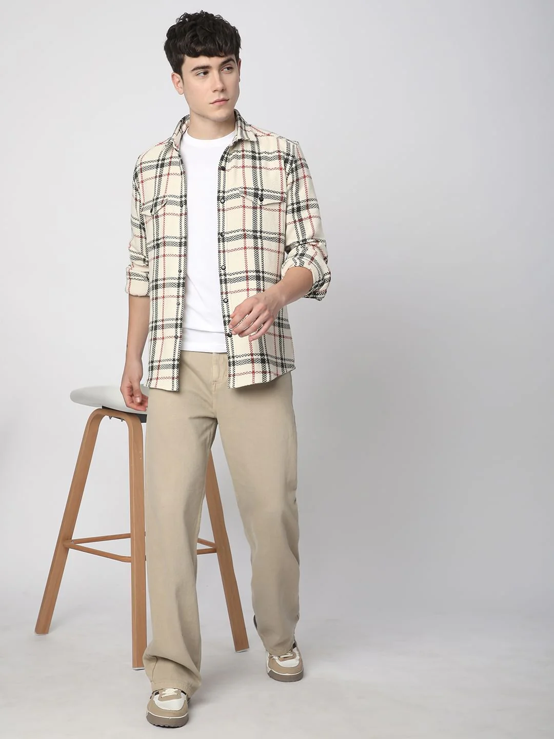 Cream Tweed Checks Double Flap Pocket Shirt - Image 8