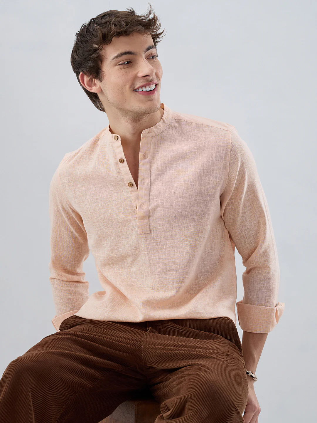 Creamy Peach Slub Textured Kurta - Image 4